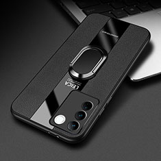 Soft Silicone Gel Leather Snap On Case Cover with Magnetic Finger Ring Stand PB2 for Vivo V27 5G Black