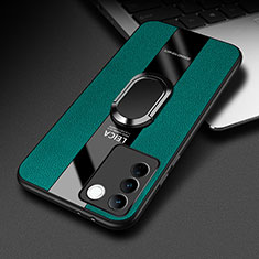 Soft Silicone Gel Leather Snap On Case Cover with Magnetic Finger Ring Stand PB2 for Vivo V27e 5G Green