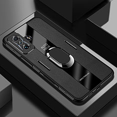 Soft Silicone Gel Leather Snap On Case Cover with Magnetic Finger Ring Stand PB2 for Xiaomi Redmi K50 Gaming AMG F1 5G Black