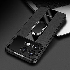 Soft Silicone Gel Leather Snap On Case Cover with Magnetic Finger Ring Stand PB3 for Xiaomi Redmi K70 5G Black