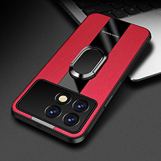 Soft Silicone Gel Leather Snap On Case Cover with Magnetic Finger Ring Stand PB3 for Xiaomi Redmi K70 5G Red