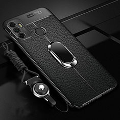 Soft Silicone Gel Leather Snap On Case Cover with Magnetic Finger Ring Stand S01 for Oppo A11s Black