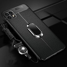 Soft Silicone Gel Leather Snap On Case Cover with Magnetic Finger Ring Stand S01 for Oppo A72 5G Black