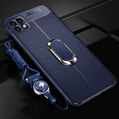 Soft Silicone Gel Leather Snap On Case Cover with Magnetic Finger Ring Stand S01 for Oppo A72 5G Blue