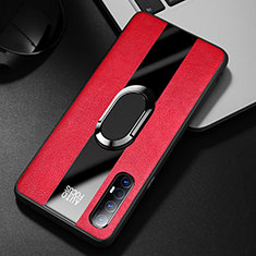 Soft Silicone Gel Leather Snap On Case Cover with Magnetic Finger Ring Stand S01 for Oppo Reno3 Pro Red