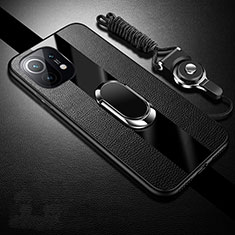 Soft Silicone Gel Leather Snap On Case Cover with Magnetic Finger Ring Stand S01 for Xiaomi Mi 11 5G Black