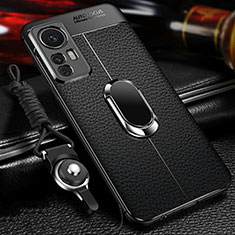 Soft Silicone Gel Leather Snap On Case Cover with Magnetic Finger Ring Stand S01 for Xiaomi Mi 12T 5G Black