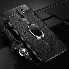 Soft Silicone Gel Leather Snap On Case Cover with Magnetic Finger Ring Stand S01 for Xiaomi Poco M2 Black