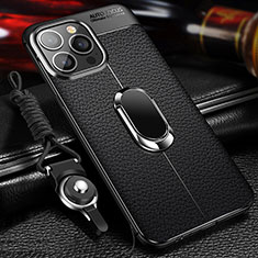 Soft Silicone Gel Leather Snap On Case Cover with Magnetic Finger Ring Stand S02 for Apple iPhone 15 Pro Black