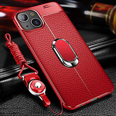 Soft Silicone Gel Leather Snap On Case Cover with Magnetic Finger Ring Stand S02 for Apple iPhone 15 Red