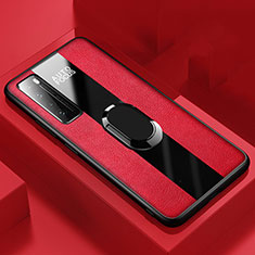 Soft Silicone Gel Leather Snap On Case Cover with Magnetic Finger Ring Stand S02 for Huawei Nova 7 5G Red