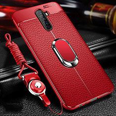 Soft Silicone Gel Leather Snap On Case Cover with Magnetic Finger Ring Stand S02 for Oppo Reno Ace Red