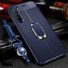 Soft Silicone Gel Leather Snap On Case Cover with Magnetic Finger Ring Stand S02 for Oppo Reno3 Blue