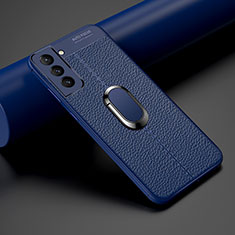 Soft Silicone Gel Leather Snap On Case Cover with Magnetic Finger Ring Stand S02 for Samsung Galaxy S24 Plus 5G Blue