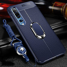 Soft Silicone Gel Leather Snap On Case Cover with Magnetic Finger Ring Stand S02 for Xiaomi Mi 10 Pro Blue