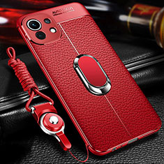 Soft Silicone Gel Leather Snap On Case Cover with Magnetic Finger Ring Stand S02 for Xiaomi Mi 11 Lite 5G NE Red