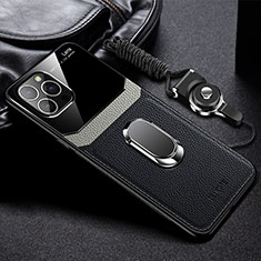 Soft Silicone Gel Leather Snap On Case Cover with Magnetic Finger Ring Stand S03 for Apple iPhone 13 Pro Black