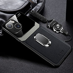 Soft Silicone Gel Leather Snap On Case Cover with Magnetic Finger Ring Stand S03 for Apple iPhone 14 Black