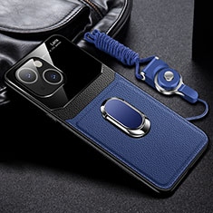 Soft Silicone Gel Leather Snap On Case Cover with Magnetic Finger Ring Stand S03 for Apple iPhone 15 Blue