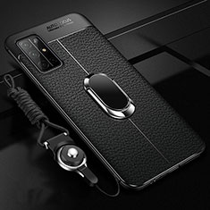 Soft Silicone Gel Leather Snap On Case Cover with Magnetic Finger Ring Stand S03 for Huawei Honor 30S Black