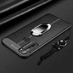 Soft Silicone Gel Leather Snap On Case Cover with Magnetic Finger Ring Stand S03 for Xiaomi Redmi Note 8T Black