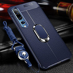 Soft Silicone Gel Leather Snap On Case Cover with Magnetic Finger Ring Stand S04 for Xiaomi Mi 10 Blue