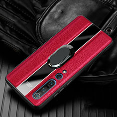 Soft Silicone Gel Leather Snap On Case Cover with Magnetic Finger Ring Stand S06 for Xiaomi Mi 10 Pro Red