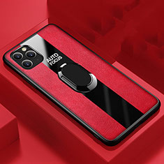 Soft Silicone Gel Leather Snap On Case Cover with Magnetic Finger Ring Stand T01 for Apple iPhone 11 Pro Max Red