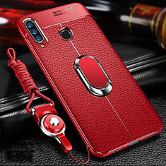 Soft Silicone Gel Leather Snap On Case Cover with Magnetic Finger Ring Stand T01 for Huawei Honor 10i Red