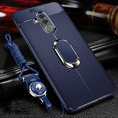 Soft Silicone Gel Leather Snap On Case Cover with Magnetic Finger Ring Stand T01 for Huawei Mate 20 Lite Blue
