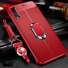 Soft Silicone Gel Leather Snap On Case Cover with Magnetic Finger Ring Stand T01 for Huawei P20 Pro Red