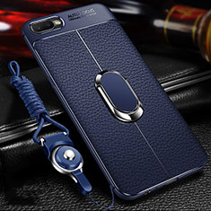 Soft Silicone Gel Leather Snap On Case Cover with Magnetic Finger Ring Stand T01 for Oppo K1 Blue