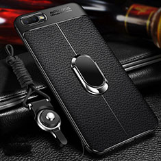 Soft Silicone Gel Leather Snap On Case Cover with Magnetic Finger Ring Stand T01 for Oppo R15X Black