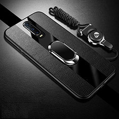 Soft Silicone Gel Leather Snap On Case Cover with Magnetic Finger Ring Stand T01 for Oppo R17 Pro Black