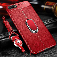 Soft Silicone Gel Leather Snap On Case Cover with Magnetic Finger Ring Stand T01 for Oppo RX17 Neo Red