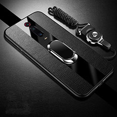 Soft Silicone Gel Leather Snap On Case Cover with Magnetic Finger Ring Stand T01 for Xiaomi Redmi K20 Black