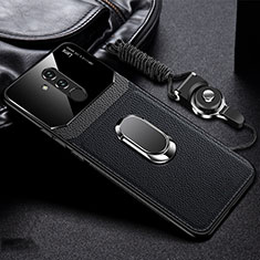 Soft Silicone Gel Leather Snap On Case Cover with Magnetic Finger Ring Stand T02 for Huawei Mate 20 Lite Black