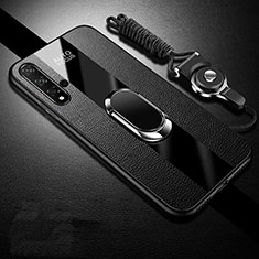 Soft Silicone Gel Leather Snap On Case Cover with Magnetic Finger Ring Stand T02 for Huawei Nova 5 Black