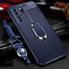 Soft Silicone Gel Leather Snap On Case Cover with Magnetic Finger Ring Stand T02 for Huawei Nova 7 SE 5G Blue