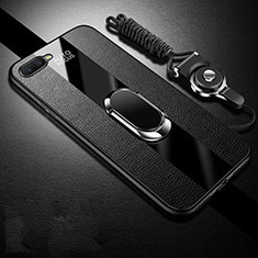 Soft Silicone Gel Leather Snap On Case Cover with Magnetic Finger Ring Stand T02 for Oppo R17 Neo Black