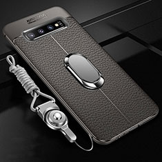 Soft Silicone Gel Leather Snap On Case Cover with Magnetic Finger Ring Stand T02 for Samsung Galaxy S10 5G Gray