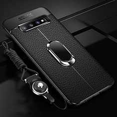 Soft Silicone Gel Leather Snap On Case Cover with Magnetic Finger Ring Stand T02 for Samsung Galaxy S10 Black
