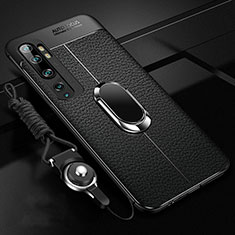 Soft Silicone Gel Leather Snap On Case Cover with Magnetic Finger Ring Stand T02 for Xiaomi Mi Note 10 Pro Black