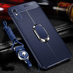 Soft Silicone Gel Leather Snap On Case Cover with Magnetic Finger Ring Stand T02 for Xiaomi Redmi 9i Blue