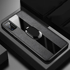 Soft Silicone Gel Leather Snap On Case Cover with Magnetic Finger Ring Stand T03 for Huawei Honor V30 5G Black