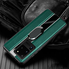 Soft Silicone Gel Leather Snap On Case Cover with Magnetic Finger Ring Stand T04 for Samsung Galaxy S20 Ultra Green