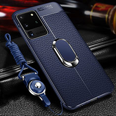 Soft Silicone Gel Leather Snap On Case Cover with Magnetic Finger Ring Stand WL1 for Samsung Galaxy S20 Ultra Blue