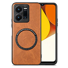 Soft Silicone Gel Leather Snap On Case Cover with Magnetic S02D for Vivo Y35 4G Brown