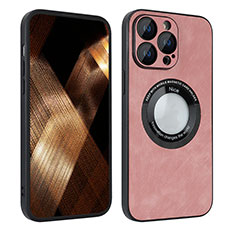 Soft Silicone Gel Leather Snap On Case Cover with Magnetic S07D for Apple iPhone 15 Pro Max Rose Gold