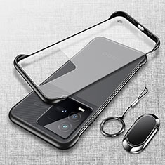 Transparent Crystal Frameless Hard Case Back Cover with Magnetic Finger Ring Stand for Vivo iQOO 10 5G Black